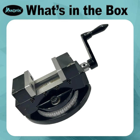 Heavy Duty Self Centering Milling Machine Vice With Swivel Base 2 Inch Jaw Capacity Rotates 360 Degrees, showcasing rugged design and turn handle.