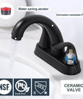 Matte Black Bathroom Sink Faucet 4 Inch Centerset 2 Handle With Pop Up Drain Stopper Lavatory Vanity Faucet 304 Stainless Steel Built To Last No Nonsense Durability CUPC CEC Certified, showing water stream and features