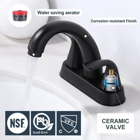 Matte Black Bathroom Sink Faucet 4 Inch Centerset 2 Handle With Pop Up Drain Stopper Lavatory Vanity Faucet 304 Stainless Steel Built To Last No Nonsense Durability CUPC CEC Certified, showing water stream and features