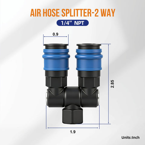 Two Way Air Hose Splitter For Compressors One Quarter NPT Quick Connect Fittings Steel Coupler With 360 Degree Swivel