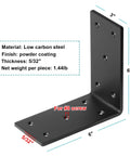 Heavy Duty Black Steel L Bracket Set For 4x4 And 6x6 Pergola Posts, Four Pack, 6 In By 6 In By 3 In, Five Thirty Second Inch Thick, Countersunk Holes For Number 8 Screws