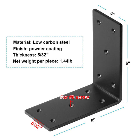 Heavy Duty Black Steel L Bracket Set For 4x4 And 6x6 Pergola Posts, Four Pack, 6 In By 6 In By 3 In, Five Thirty Second Inch Thick, Countersunk Holes For Number 8 Screws