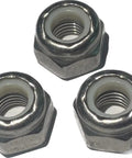 Three metal jam nuts from Joystick Rod End Replacement Repair Kit For Front Loader Controllers With Quarter Inch Threads.
