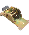 Close-up of industrial locking hinge for foldable table legs; zinc-plated metal, black latch, mounting holes.