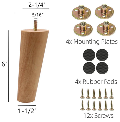 Solid Rubber Wood Replacement Sofa Legs Set Of Four 6 Inch Slant Leg Design with mounting plates and screws kit