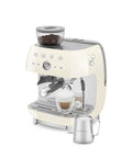 Top Shelf Semi Automatic Espresso Machine With Built In Conical Burr Grinder Dual Thermoblock Heating Precision Controls And Authentic 1950s Retro Vibe In Smooth Cream Finish with coffee beans on top.
