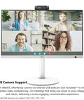 27 Inch Smart Monitor With WebOS For Streaming TV And Gaming Bluetooth Wireless Projection Screen Mirroring IoT Hub For Smart Home Height Adjustable Stand With Swivel Tilt And Pivot Dual 3W Speakers sRGB 99 Percent displaying a video conference with a USB webcam on top.