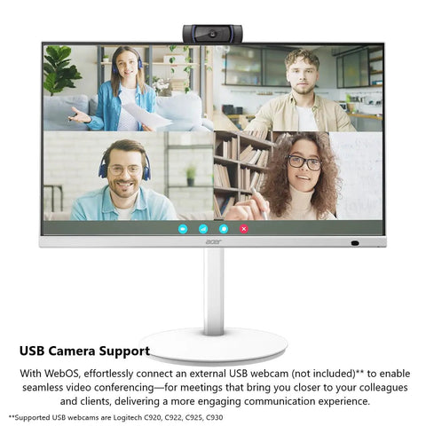 27 Inch Smart Monitor With WebOS For Streaming TV And Gaming Bluetooth Wireless Projection Screen Mirroring IoT Hub For Smart Home Height Adjustable Stand With Swivel Tilt And Pivot Dual 3W Speakers sRGB 99 Percent displaying a video conference with a USB webcam on top.