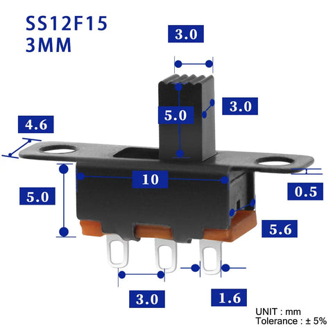 Compact 1P2T SPDT Slide Switch 5mm Panel Mount Vertical Knob, DIY Friendly For Breadboard, PCB, And Arduino Projects, SS12F15 DIP Miniature Through-Hole Toggle Switch, dimensioned side view