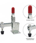 Heavy Duty Stainless Steel Vertical Toggle Clamp Jobsite Tough Side Mount Lever, durable design with red handle and sturdy mount.