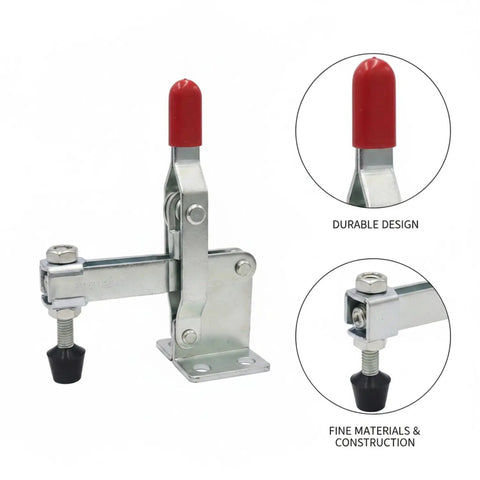 Heavy Duty Stainless Steel Vertical Toggle Clamp Jobsite Tough Side Mount Lever, durable design with red handle and sturdy mount.