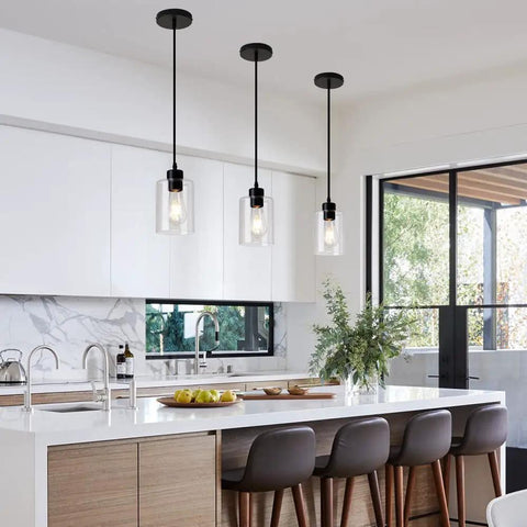 Dimmable Black Farmhouse Glass Cylinder Pendant Light for Kitchen Island Clear Glass Mini Pendant Fixture with 4.75 Inch Shade