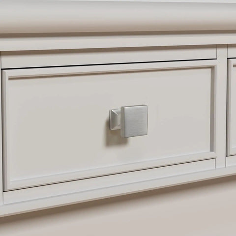 Ten Pack Brushed Nickel Square Cabinet Knobs For Dresser Drawers Zinc Alloy Construction Length One And One Tenth Inch Projection Three Quarters Inch Silver MO6785SNB Kitchen Cabinet Knobs Modern Style on white drawer
