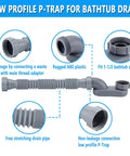 Diagram of Low Profile 1 1/2 Inch P Trap With Flexible Bathtub Drain Pipe features and connections with labels