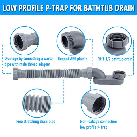 Diagram of Low Profile 1 1/2 Inch P Trap With Flexible Bathtub Drain Pipe features and connections with labels