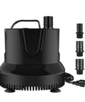 Front view of Simple Deluxe black bottom-suction submersible water pump with three nozzle adapters