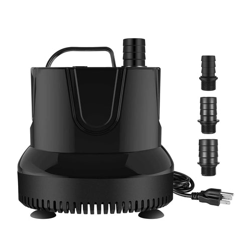 Front view of Simple Deluxe black bottom-suction submersible water pump with three nozzle adapters