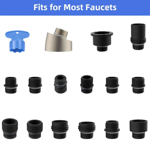 Adapters from the Universal Pull Down Kitchen Faucet Head Replacement With 3 Functions Anti Splash Design, Fits Most Hoses With 15 Adapters.