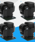 Heavy Duty Adjustable Leveling Casters With Ratchet Handles For Rock Solid Stability And Easy Rolling Of Workbenches Shop Gear And Big Machinery Four Pack shown from an angled view.