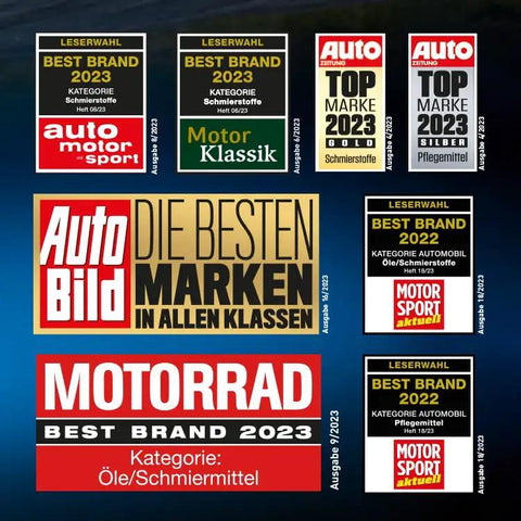 Collage of automotive brand awards from magazines like Auto Bild and Motorrad, dated 2022 and 2023.