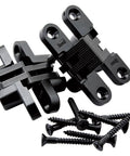 Concealed Black Finish Cabinet Hinge For Inset Doors With Three Eighths Inch Wings And One And Eleven Sixteenths Inch Long Designed For Half Inch Door Thickness Soss 101, shown with screws.