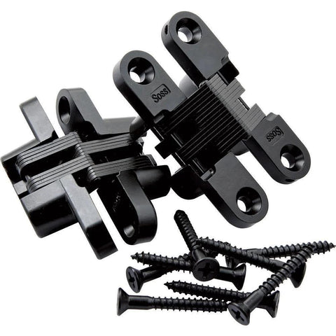 Concealed Black Finish Cabinet Hinge For Inset Doors With Three Eighths Inch Wings And One And Eleven Sixteenths Inch Long Designed For Half Inch Door Thickness Soss 101, shown with screws.