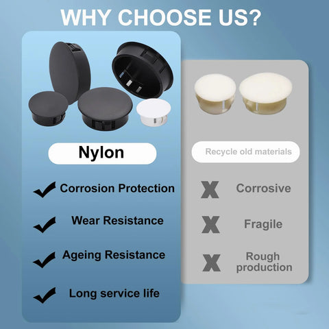 Comparison of nylon hole plugs highlighting corrosion protection and durability benefits against recycled materials