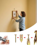 Woman hanging frame with 160 Pcs Self Drilling Drywall Anchors With Screws Kit No Drill Or Holes In Wall 80 Sheetrock Anchors And 80 Zinc Plated Expansion Screws