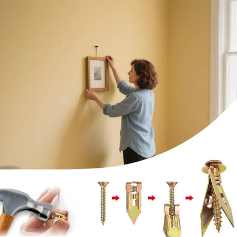 Woman hanging frame with 160 Pcs Self Drilling Drywall Anchors With Screws Kit No Drill Or Holes In Wall 80 Sheetrock Anchors And 80 Zinc Plated Expansion Screws