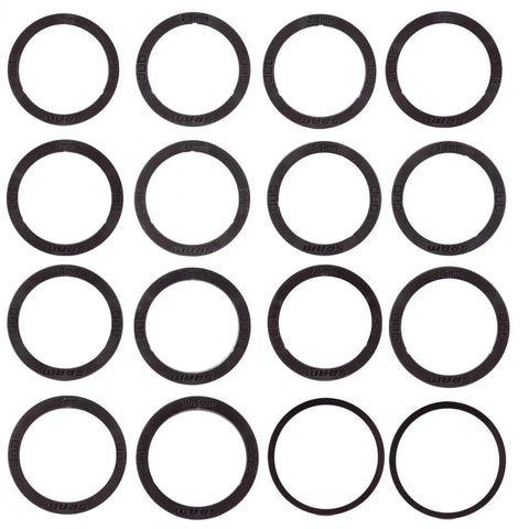 Dub MTB Road V3 Bottom Bracket Spacer Kit With Aluminum Spacers arranged in grid, showcasing variety of spacer sizes for precise fit.