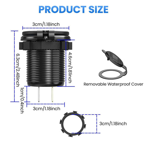 Upgrade Your Daily Whip With This Four Port 12V USB Car Charger Featuring Bright LED Voltmeter and Dual PD30W QC18W Fast Charging Ports Crafted From Rugged Aluminum Alloy For Every Cruiser Setup, product size with removable waterproof cover.