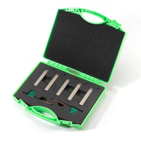 Straight Up Heavy Duty Mini Indexable Lathe Turning Tool Set With Three Eighth Inch Nickel Shank, 5 holders in case.