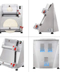 Boss Level Automatic Pizza Dough Sheeter And Roller Machine with dough newly flattened, stainless steel frame, and motors visible.