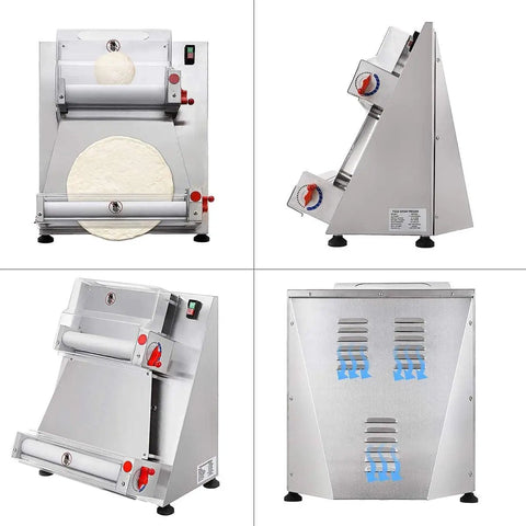 Boss Level Automatic Pizza Dough Sheeter And Roller Machine with dough newly flattened, stainless steel frame, and motors visible.