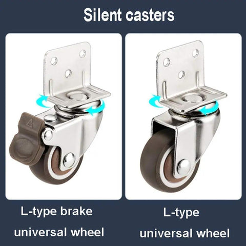 Four Pack L Shaped Caster Mounting Plates Featuring Rubber Brake Lock Wheels Heavy Duty Sealed Bearings Hassle Free Setup Glides Like Butter Floor Safe Top Shelf Universal Furniture Hardware