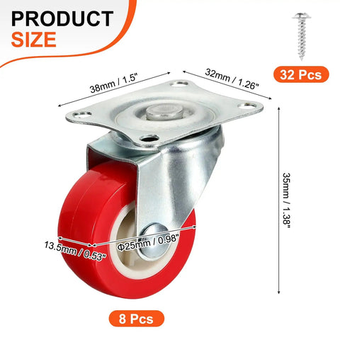 Eight Pack 1 Inch Caster Wheels With 360 Degree Swivel Plate Castors For Furniture Drawers Storage Bins DIY Projects Red