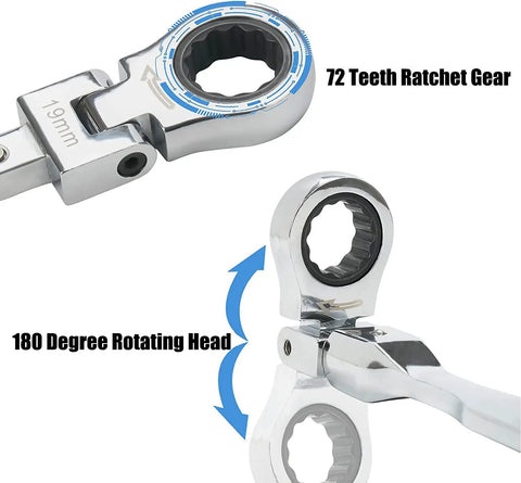 Flex Head Ratchet Wrench Set 20 Piece With 72-Tooth Ratchet And 180 Degree Flex Head Includes 8mm To 19mm Wrenches