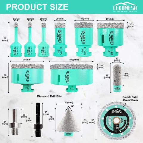 Pro Grade All In One Diamond Hole Saw Kit For Tile 6 To 100mm With Cutting Disc 13 Piece Set, displayed with product sizes and components