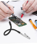 Hands using soldering tools with Six Piece Soldering Clamp Adjustable Welding Fixture With Magnifying Glass Lamp Clamp For PCB Board DIY