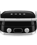 SMEG MGF01 Retro Countertop Electric Grill and Panini Press With Swappable Plates For Waffles, Burgers, And Steak, front view showing controls.