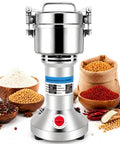Heavy Duty Electric Grain Mill Grinder 2000W with stainless steel build, 750g capacity, surrounded by spices and grains.
