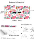 Pattern of peel and stick white floral wallpaper with pink peonies and eucalyptus, instruction guide, roll dimensions 17.3in x 118in