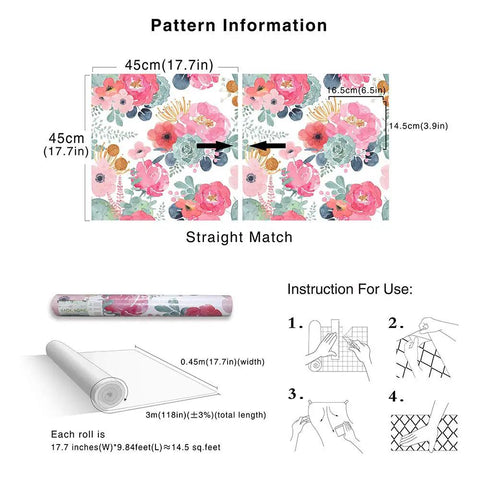 Pattern of peel and stick white floral wallpaper with pink peonies and eucalyptus, instruction guide, roll dimensions 17.3in x 118in
