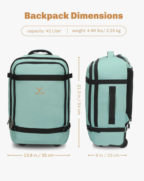 Hynes Eagle 42L mint green rolling backpack with wheels and black straps