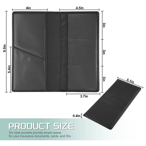 Car Registration And Insurance Holder With Magnetic Closure For Docs Cards And License, black PU leather, size dimensions.