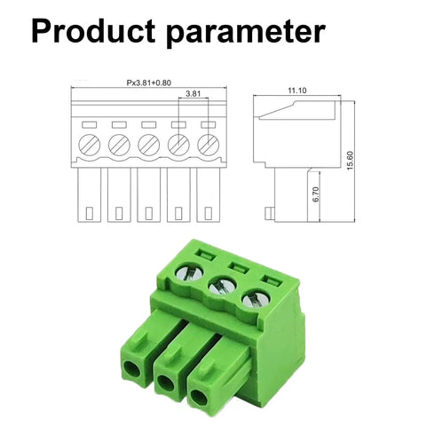 20 Pack 3.81mm 3 Pin Quick Connector PCB Screw Terminal Block Plug For 28 To 16 AWG Cable diagram and green connector image
