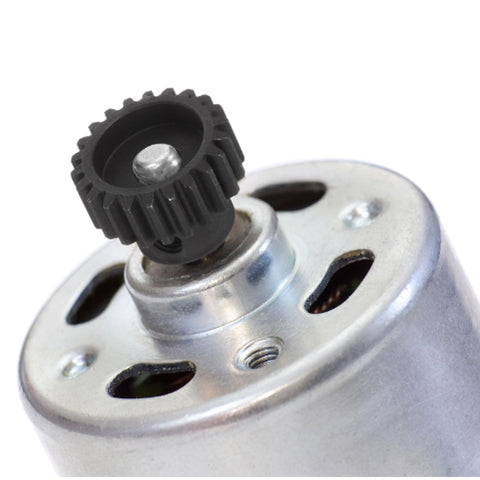 Close-up of Mod 1 34T Pinion Gear with 8mm Bore mounted on a motor, showing hardened steel teeth for RC cars and trucks.