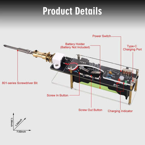Handheld Soldering Practice Kit With Rechargeable Electric Screwdriver Build Your Own Soldering Tool Includes 2 Bits Electronics Repair DIY STEM Project For Teens And Adults product details with labeled components and dimensions