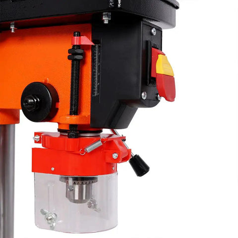Close-up of 8 Inch Benchtop Drill Press With Laser Guide and Precision Vise showing controls and drill chuck for DIY tasks.