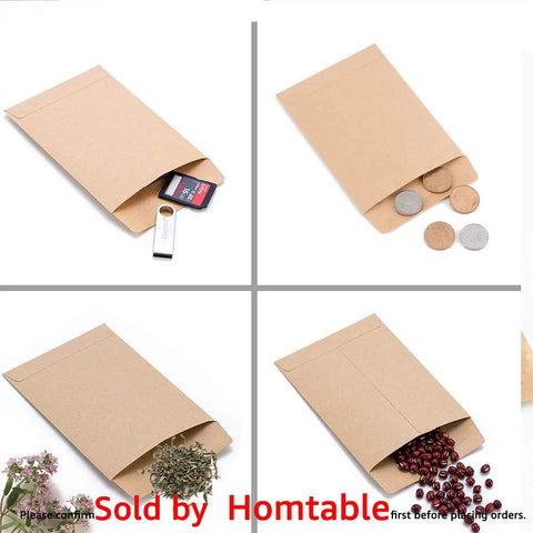 500 Pack Self Adhesive Kraft Paper Small Coin Envelopes For Stamps Seeds And Small Parts Storage Mini Envelopes displayed with contents
